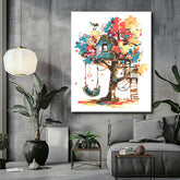 Paint by Numbers Art Illustration Blue Treehouse Autumn